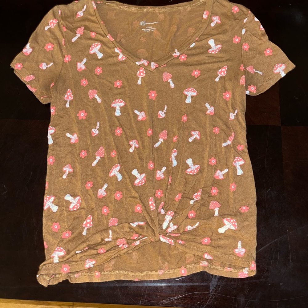 No Boundaries Brown Top with Mushroom and Floral Print